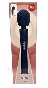 Fun Factory Vim Wand Massager Night Blue packaging showcasing flexible design and sleek texture for intense pleasure