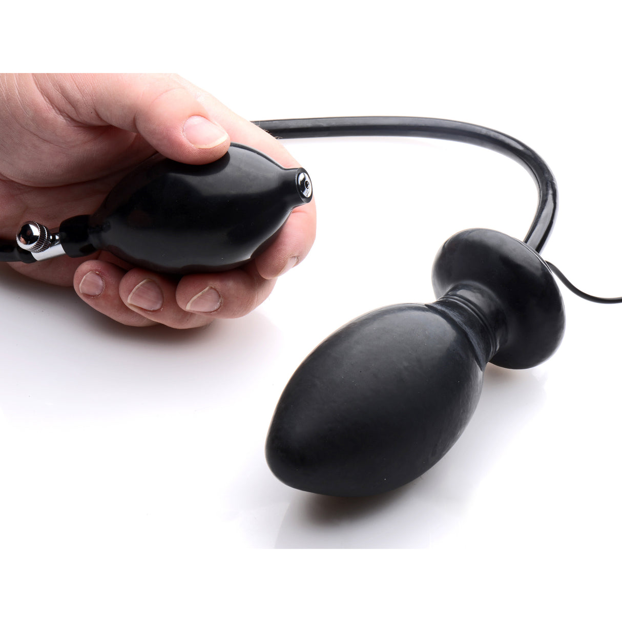Vibro Inflatable Anal Plug Black held in hand with inflatable pump for adjustable anal pleasure.