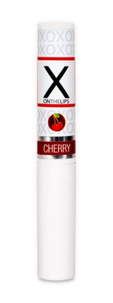 X on the Lips Pheromone Balm Electric Cherry 0.75 Oz lip balm tube with cherry design and unisex formula.