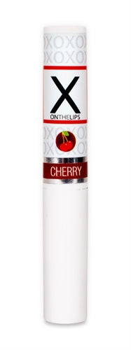 X on the Lips Pheromone Balm Electric Cherry 0.75 Oz lip balm tube with cherry design and unisex formula.