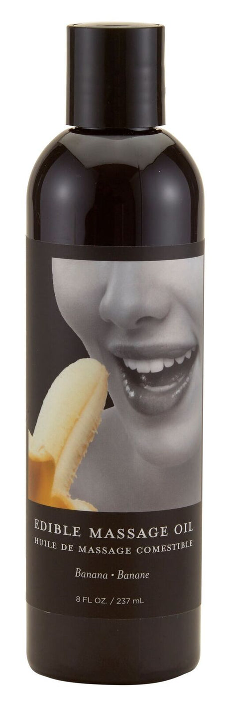 Earthly Body Banana Edible Massage Oil 8 oz bottle with banana graphic and playful design.