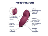 Satisfyer Tap & Climax 2 Lay-On Clitoral Vibrator Red product features highlighting clitoral stimulation and controls.