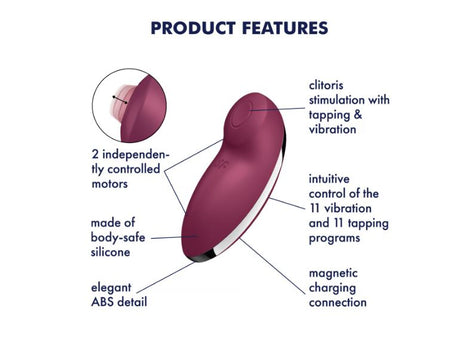 Satisfyer Tap & Climax 2 Lay-On Clitoral Vibrator Red product features highlighting clitoral stimulation and controls.