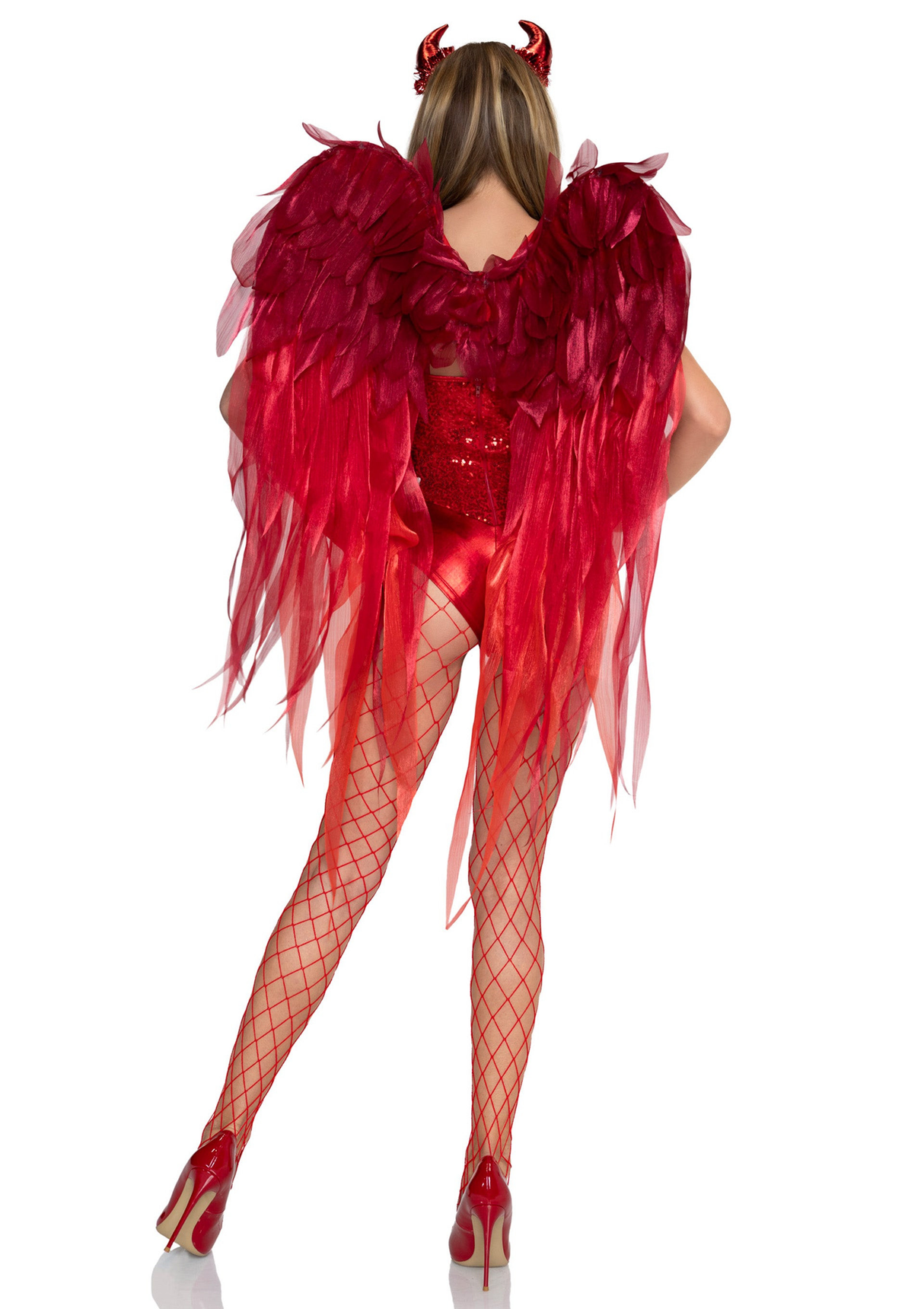 Leg Avenue Devil Ombre Chiffon Wings & Horn Headband Red worn by a model showcasing dramatic red wings and headband.