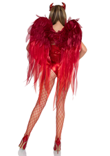 Leg Avenue Devil Ombre Chiffon Wings & Horn Headband Red worn by a model showcasing dramatic red wings and headband.