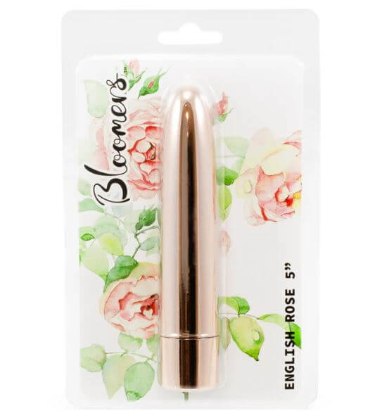 Bloomers English Rose 5 inch Vibrator Gold packaging featuring floral design and elegant metallic finish.