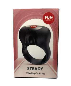 Fun Factory Steady Vibrating Cockring Black packaging showcasing its sleek design and performance features.