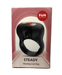 Fun Factory Steady Vibrating Cockring Black packaging showcasing its sleek design and performance features.