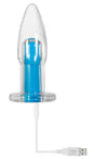Gender X Electric Blue Anal Plug with Remote Control featuring a clear design and USB charging cable.