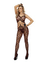 Elegant Moments Heart Net Open Crotch Bodystocking Black on a model showcasing its sultry silhouette and heart-patterned design.