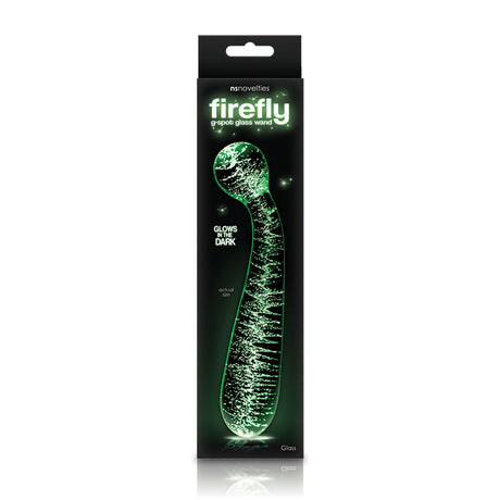 Firefly G-Spot Glass Wand Glow in the Dark Clear in sleek packaging, designed for precision pleasure and glowing fun.