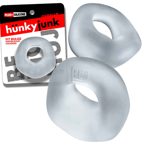 Oxballs Fit Bulge Hung-Style Cockring Clear Steam displayed in packaging with two silicone cockrings.