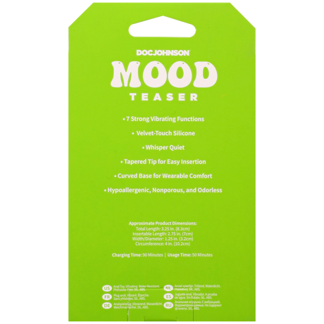 Mood Teaser Vibrating Micro Plug Pink packaging details including 7 vibrating functions and velvet-touch silicone.