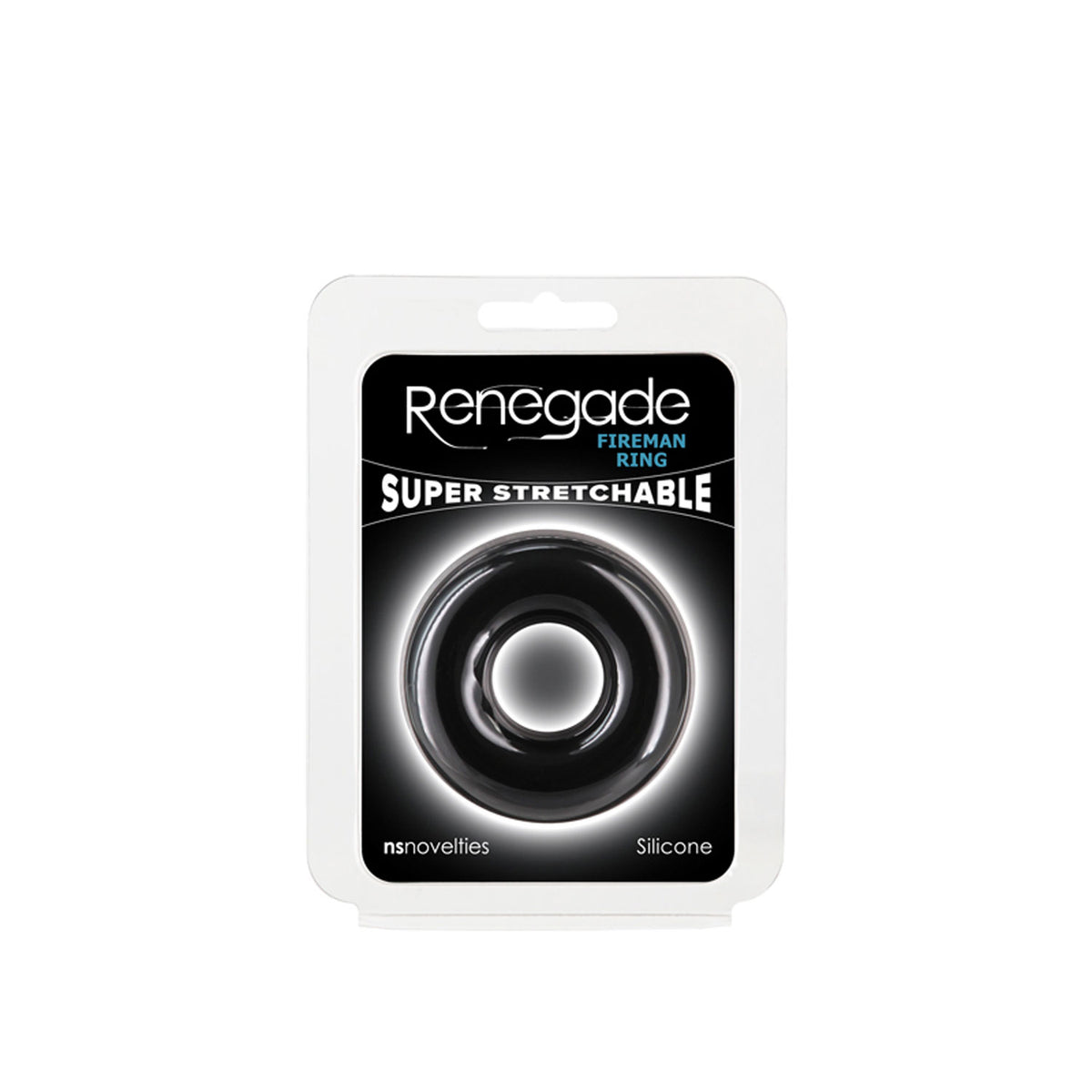 Renegade Fireman Ring Silicone Cock Ring Large Black packaging featuring a super stretchable silicone ring for enhanced performance.