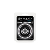 Renegade Fireman Ring Silicone Cock Ring Large Black packaging featuring a super stretchable silicone ring for enhanced performance.