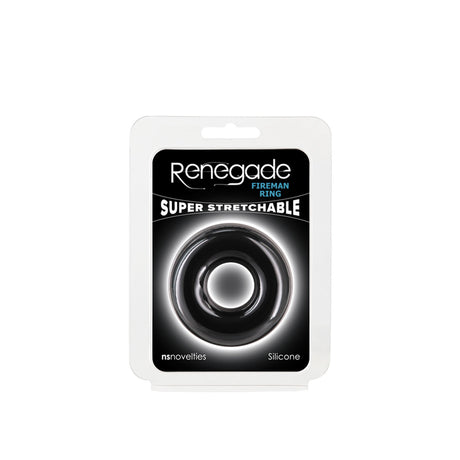 Renegade Fireman Ring Silicone Cock Ring Large Black packaging featuring a super stretchable silicone ring for enhanced performance.