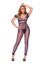 Crochet Net Footless Open Crotch Bodystocking Midnight Blue featuring intricate open-weave crochet design.