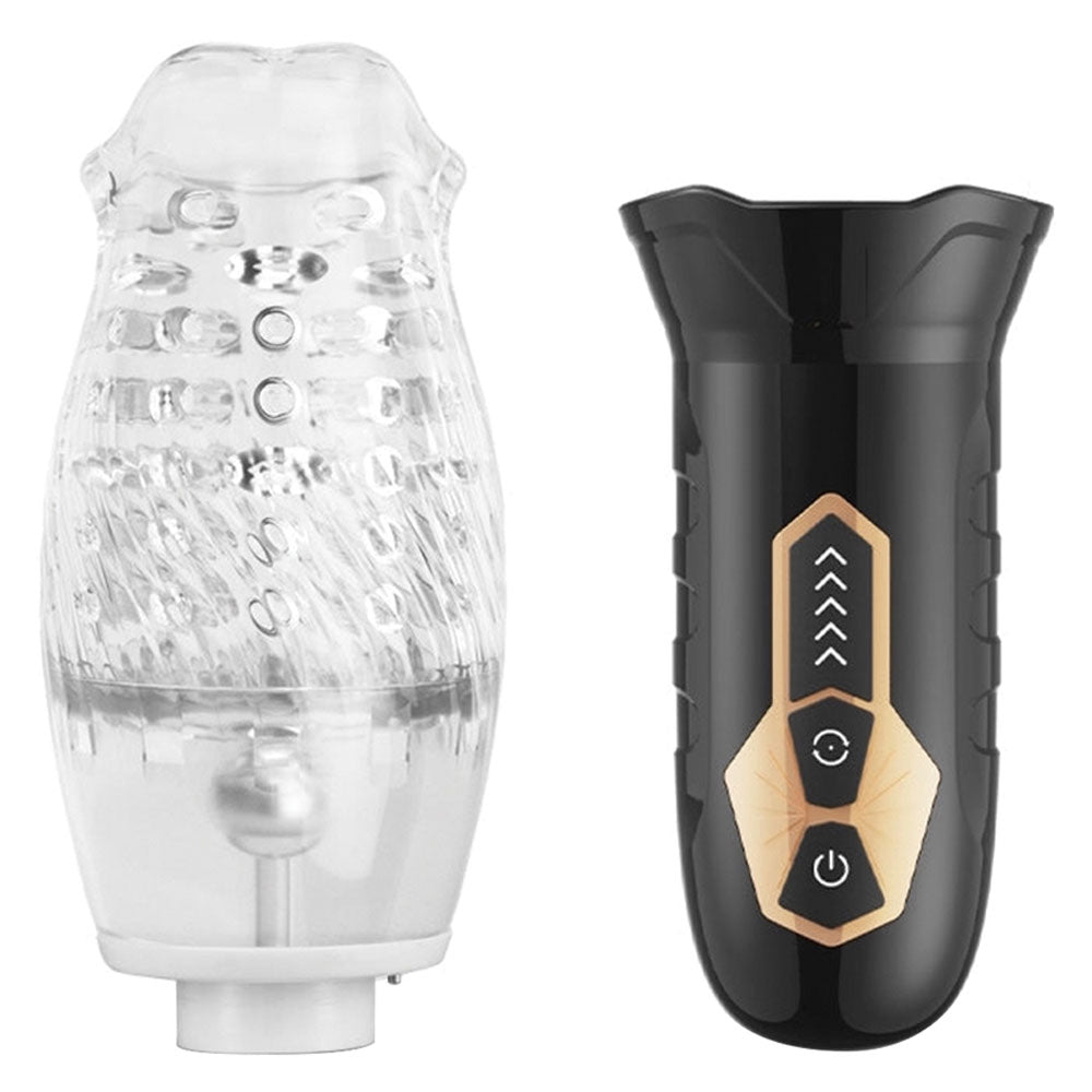The Male Rose Gawk Gawk 3000 Rotating Masturbator with clear and black design for enhanced self-pleasure satisfaction.