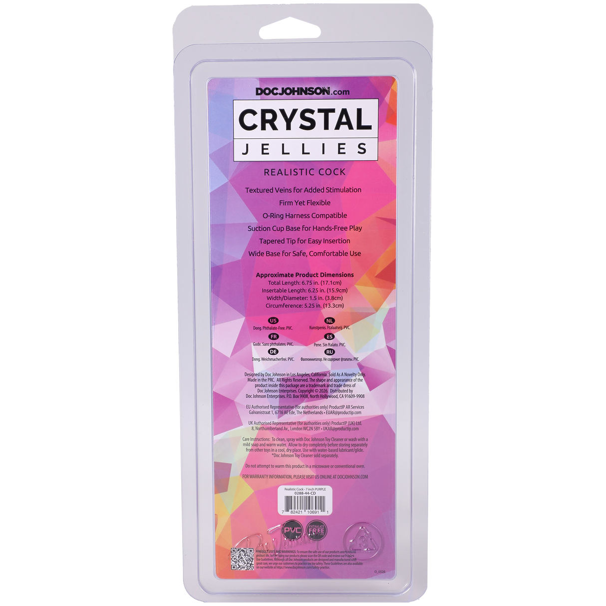 Crystal Jellies Realistic Cock 7 Inches Purple packaging, featuring O-ring harness compatibility and suction cup base.