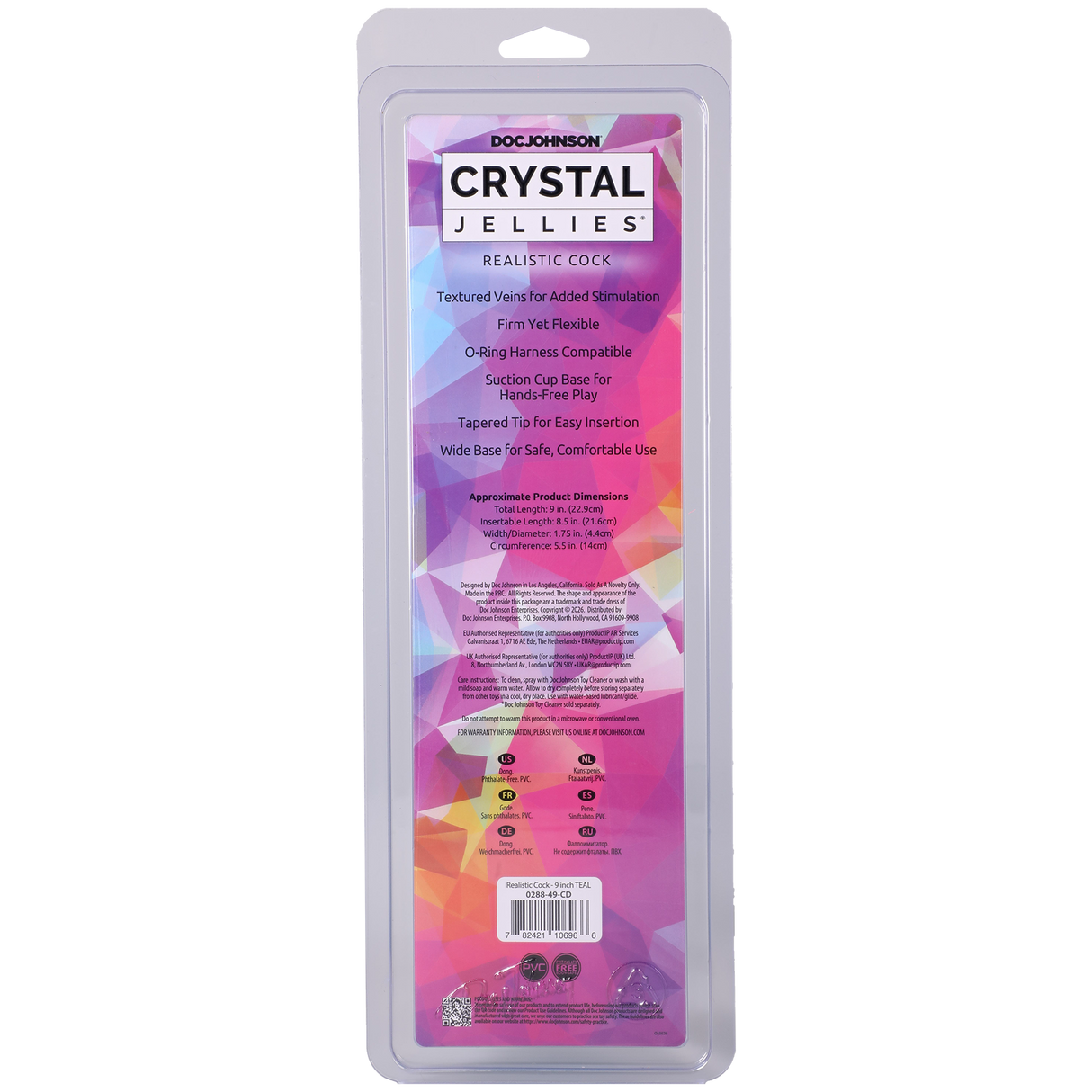 Crystal Jellies Realistic Cock 9 Inch Teal package back with product details and features highlighted.