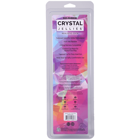 Crystal Jellies Realistic Cock 9 Inch Teal package back with product details and features highlighted.