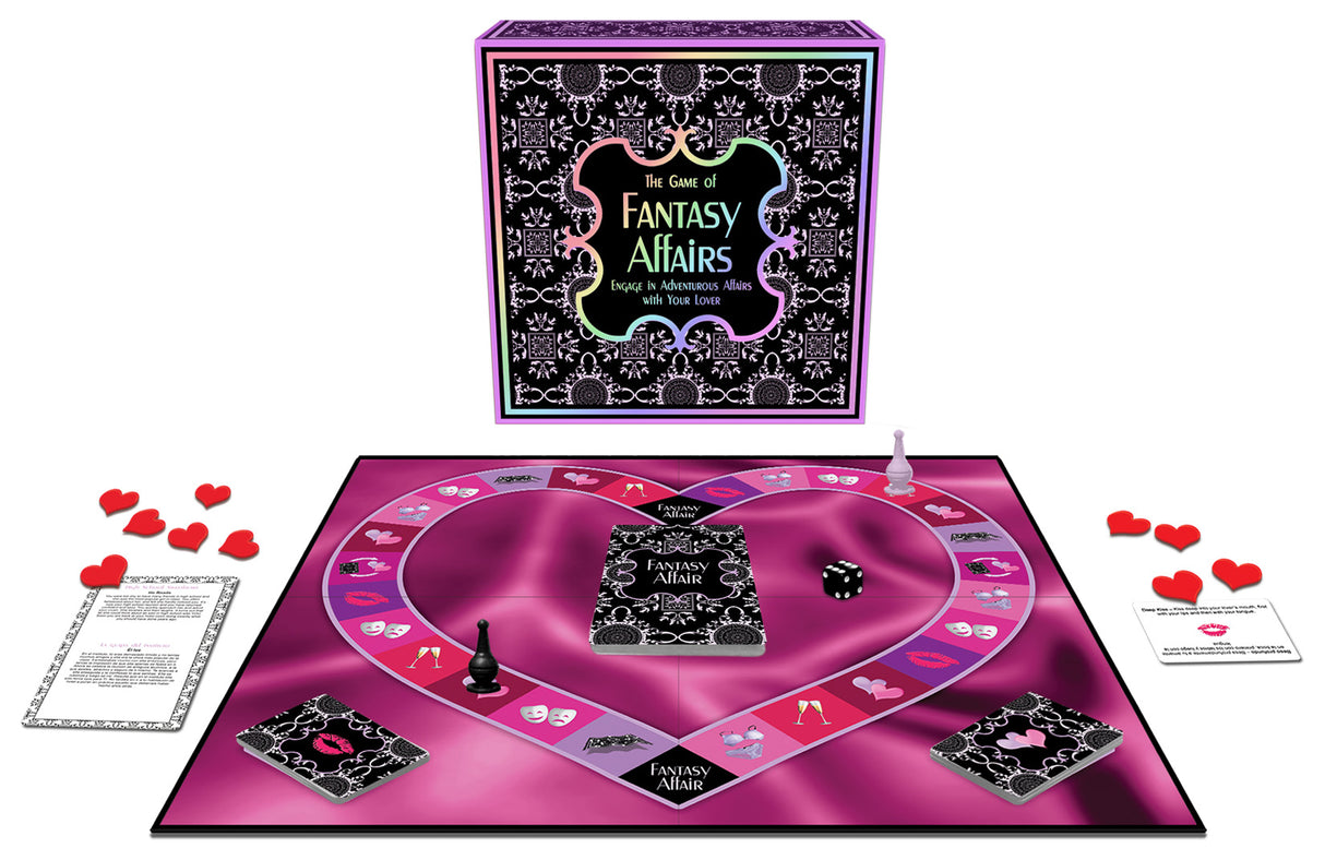 Kheper Games Fantasy Affairs Couples Board Game with game board, cards, and playful accessories in a heart layout.
