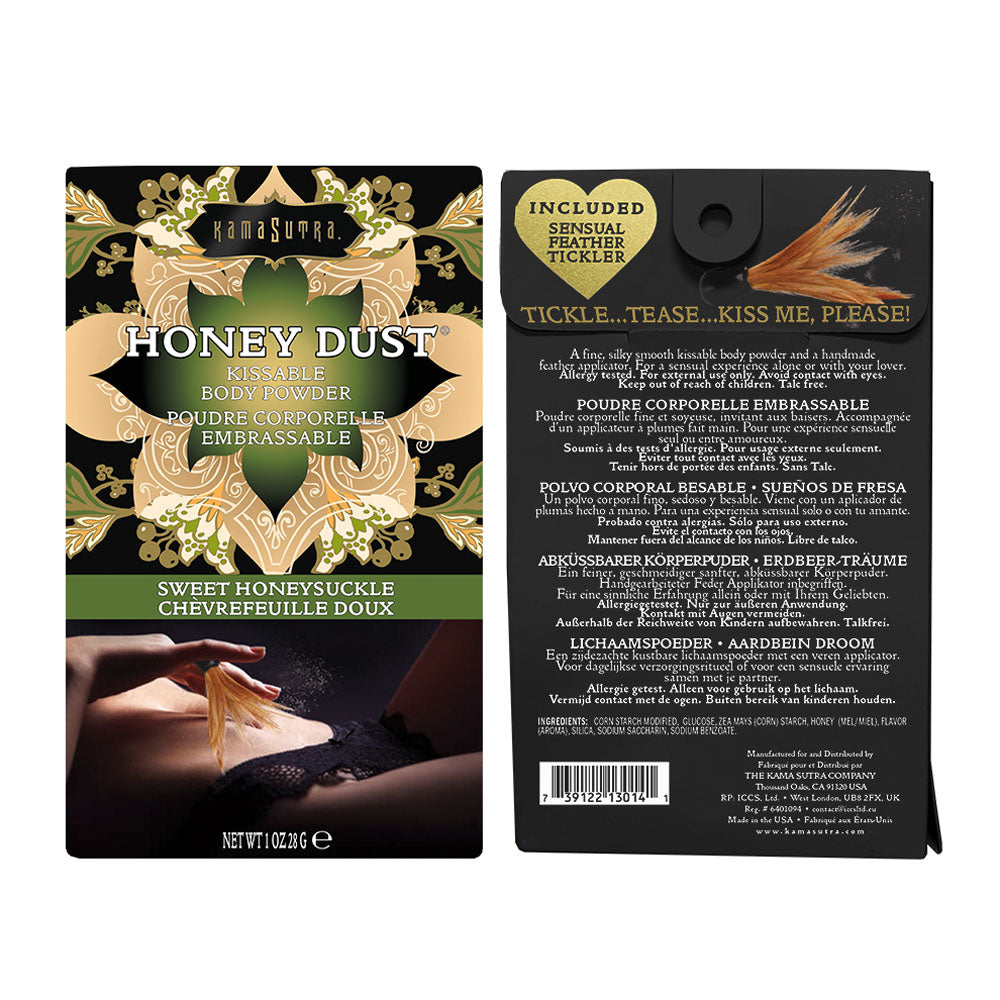 Kama Sutra Honey Dust Sweet Honeysuckle 1 Oz packaging with sensual feather tickler and alluring design.