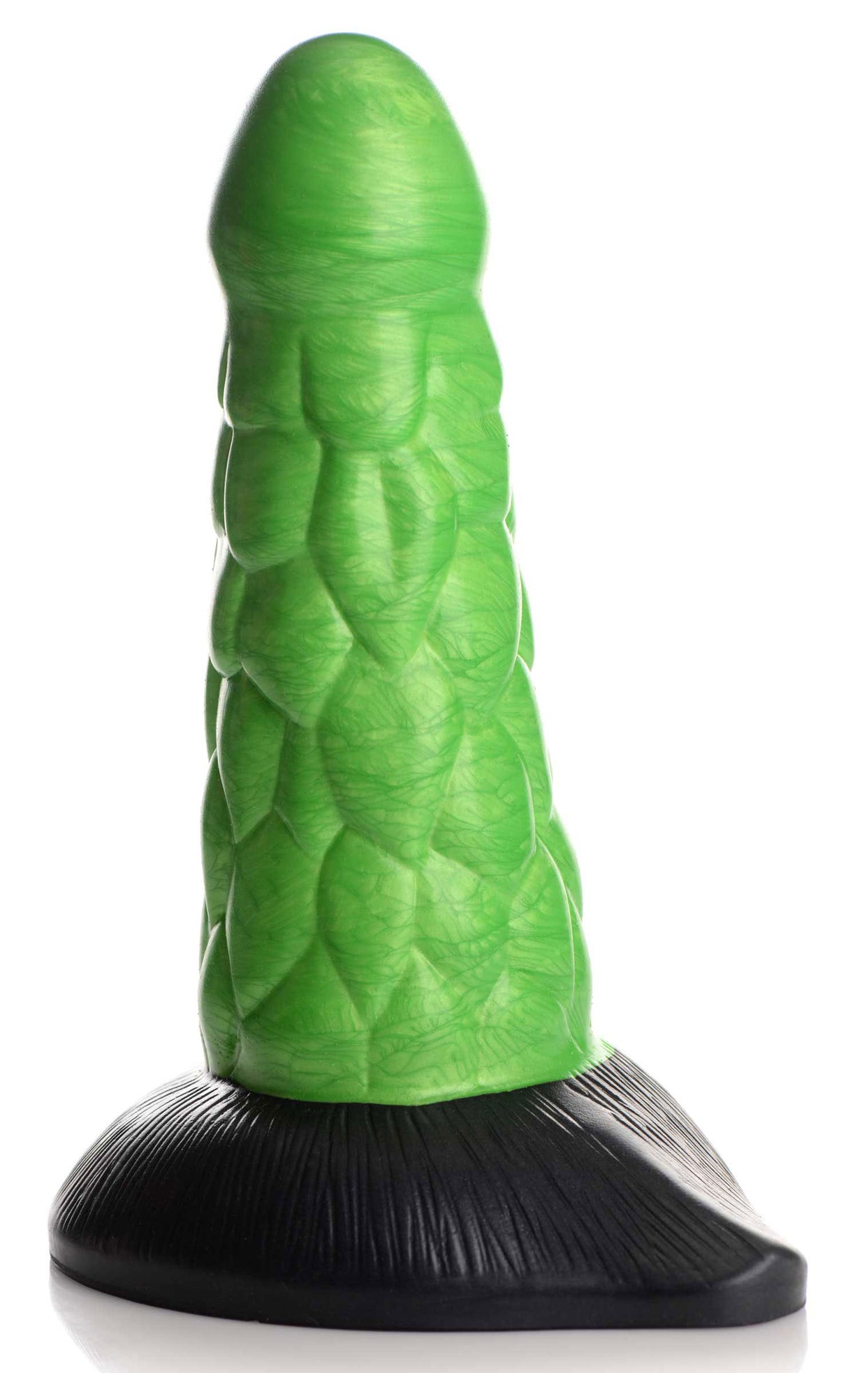 Radioactive Reptile Thick Scaly Silicone Dildo Green featuring a green scaled texture and black base for fantasy play.