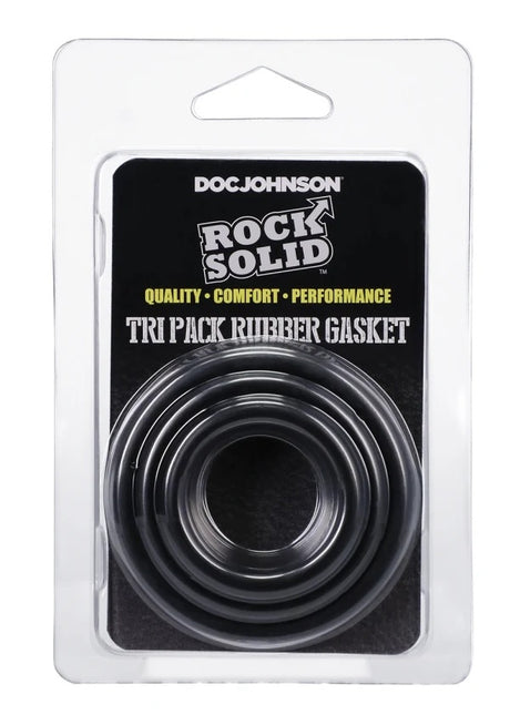 Rock Solid Tri-Pack Rubber Gasket Cock Ring Black in packaging with three graduated size rings.