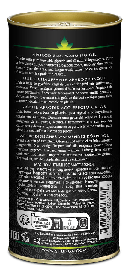 Shunga Aphrodisiac Warming Oil Exotic Green Tea 3.5 Oz packaging with product details and instructions.