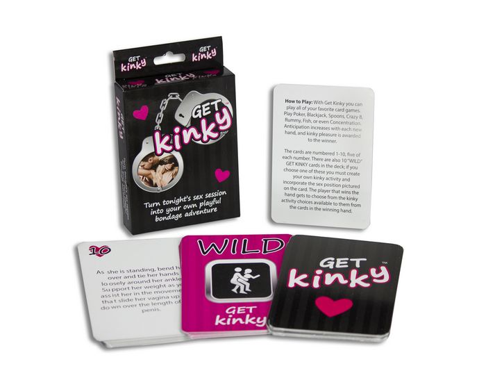 Get Kinky Adult Card Game packaging and cards for playful bondage adventures and spicing up intimate moments.