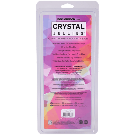 Crystal Jellies Curved Cock With Balls 7 Inch Purple packaging showing product features and dimensions.