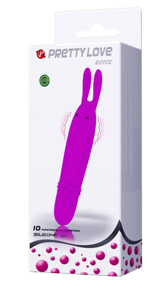 Pretty Love Boyce Silicone Bunny Vibrator Purple packaging with features and design showcased.