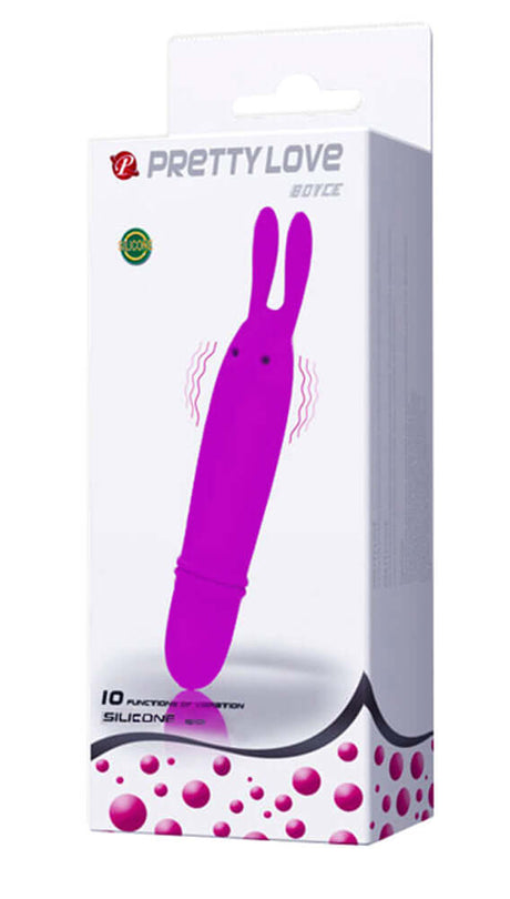 Pretty Love Boyce Silicone Bunny Vibrator Purple packaging with features and design showcased.