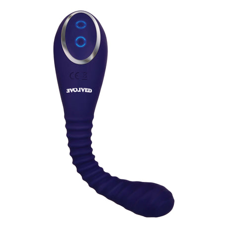 Bendable Sucker Dual End Silicone Vibrator Purple with vibrating controls and textured surface.