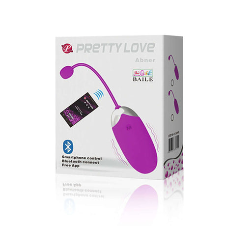 Pretty Love Abner App Controlled Vibrating Egg Purple packaging showing Bluetooth connectivity and smartphone control features.