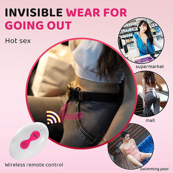Litty Clitty Remote Control Wearable Vibrator shown discreetly worn for hands-free pleasure in public settings.