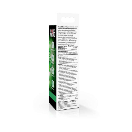 Good Blow Spearmint Deep Throat Spray 1 oz packaging, detailed ingredient list and usage instructions.