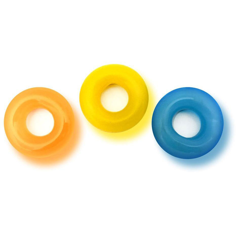 Rascal D-Ring Glow X3 Glow in the Dark Cock Rings in blue, orange, and yellow colors, glowing for nighttime fun.