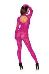 Dreamgirl Bodystocking With Finger Gloves One Size Azalea on model showcasing floral knitted fishnet design.