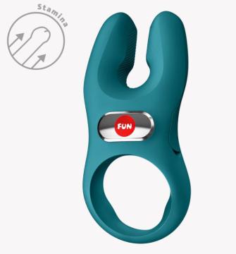 Fun Factory NOS Vibrating Cock Ring Green showcasing its dual motors and ergonomic design for enhanced pleasure.
