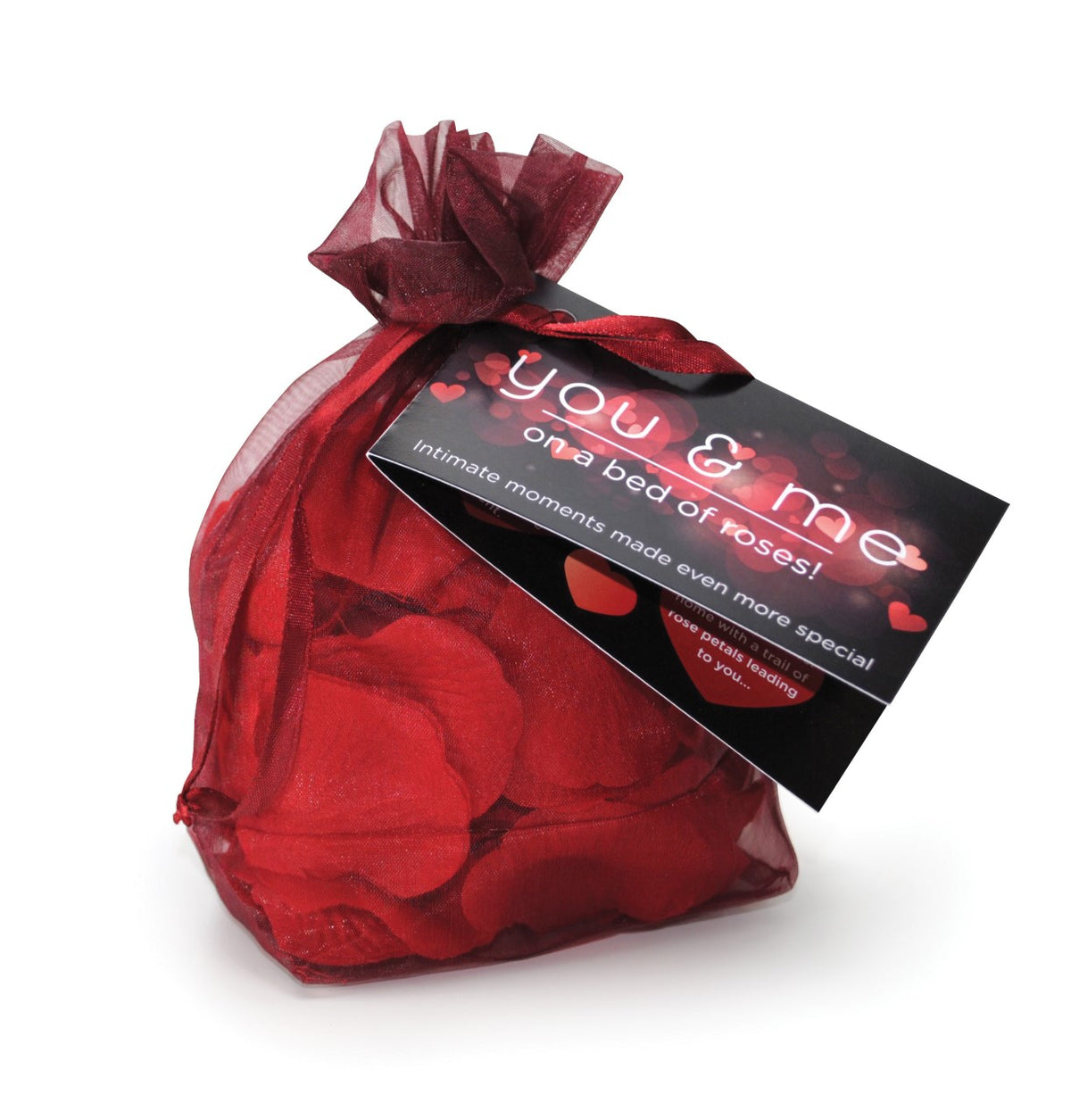 You & Me on a Bed of Roses Fabric Rose Petals in a decorative bag for romantic occasions.