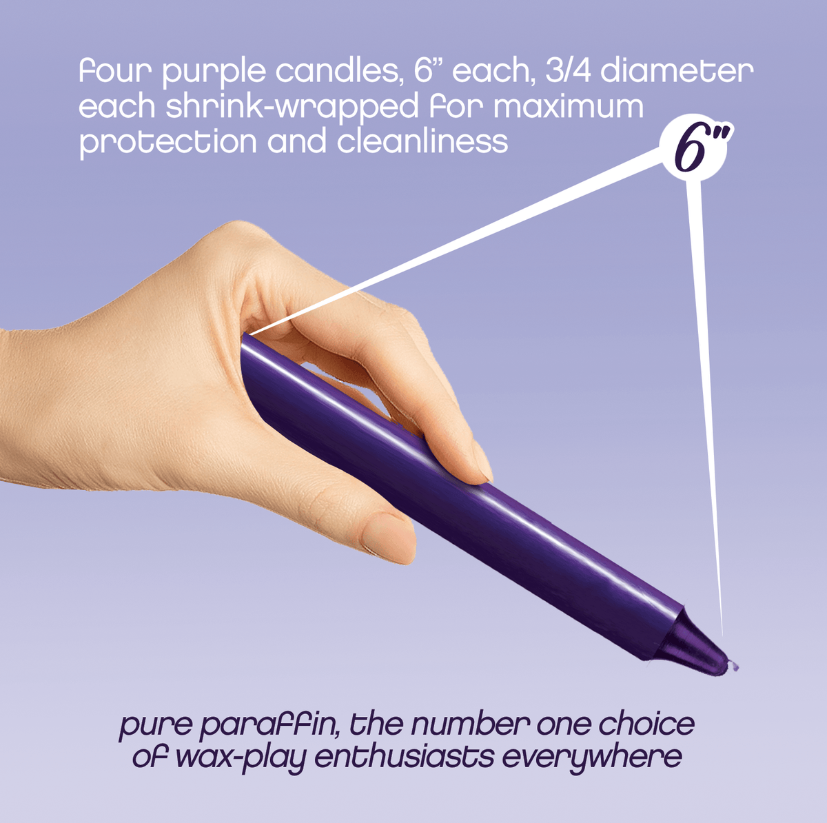 Make Me Melt Sensual Warm-Drip Candles 4 pack Purple shown, 6" purple candles for sensual wax-play.