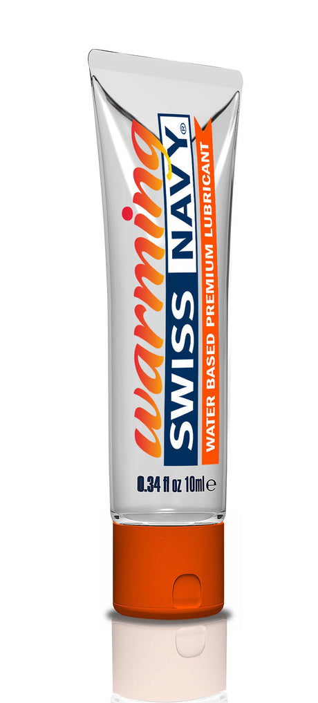 Swiss Navy Warming Lubricant 10 ml in a sleek tube, designed for enhanced intimate experiences.