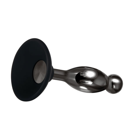 Evolved Joy Sticks 2 Piece Anal Plug Set Black Chrome featuring a sleek design and powerful suction base.