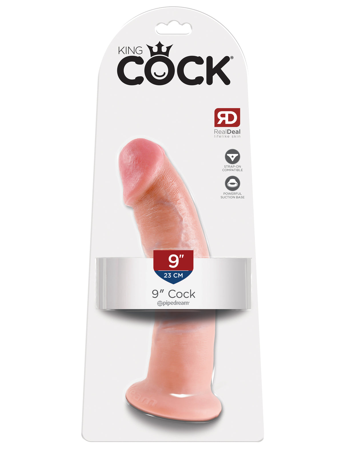 King Cock 9 Inch Realistic Dildo Suction Cup Flesh packaging showcasing lifelike detail and powerful suction base.