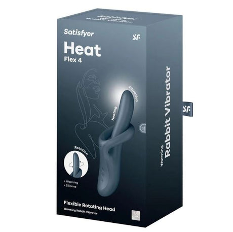 Satisfyer Heat Flex 4 Warming Rabbit Vibrator packaging showcasing flexible rotating head and warming features.