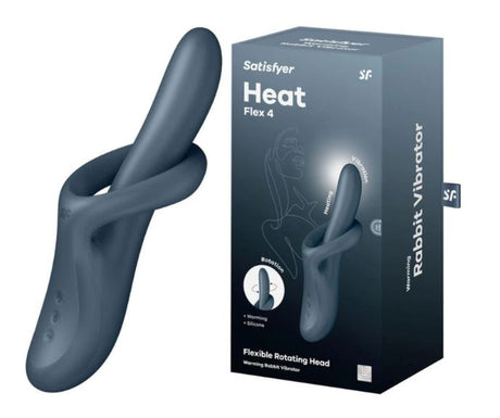 Satisfyer Heat Flex 4 Warming Rabbit Vibrator showcasing its flexible head and compact design with box packaging.