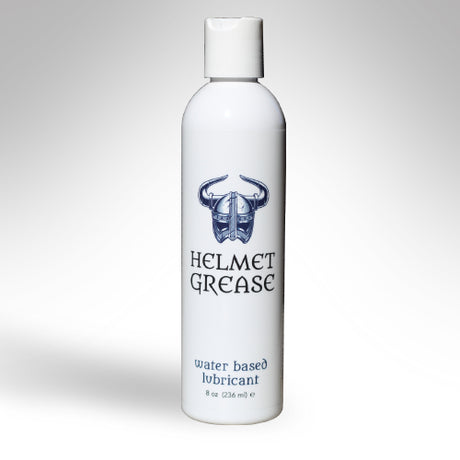 Helmet Grease Water Based Lubricant 8 Oz bottle with a sleek design featuring a logo and product information.