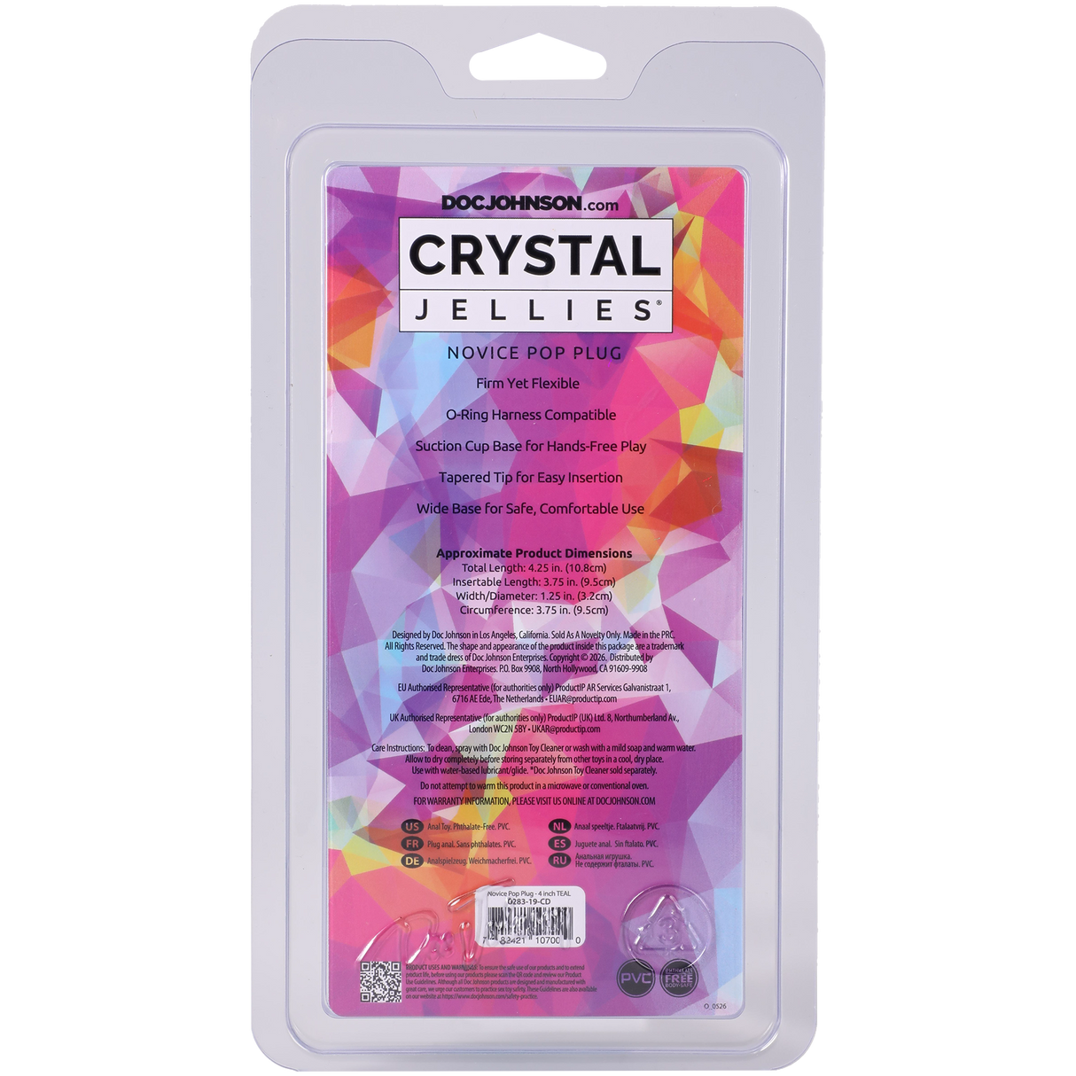 Crystal Jellies Novice Pop Plug 4 Inch Teal packaging with details about features and usage.